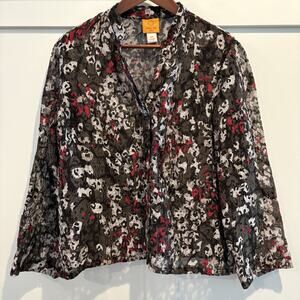 Ruby Rd Jacket Petite 12P Black Red Leopard Sheer Artsy Boho Art‎ To Wear Button